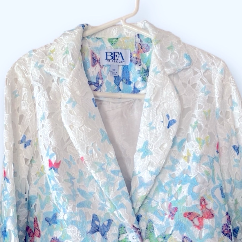 Vintage BFA Woven White Pastel Floral Lace Butterflies Summer Blazer Size 10P